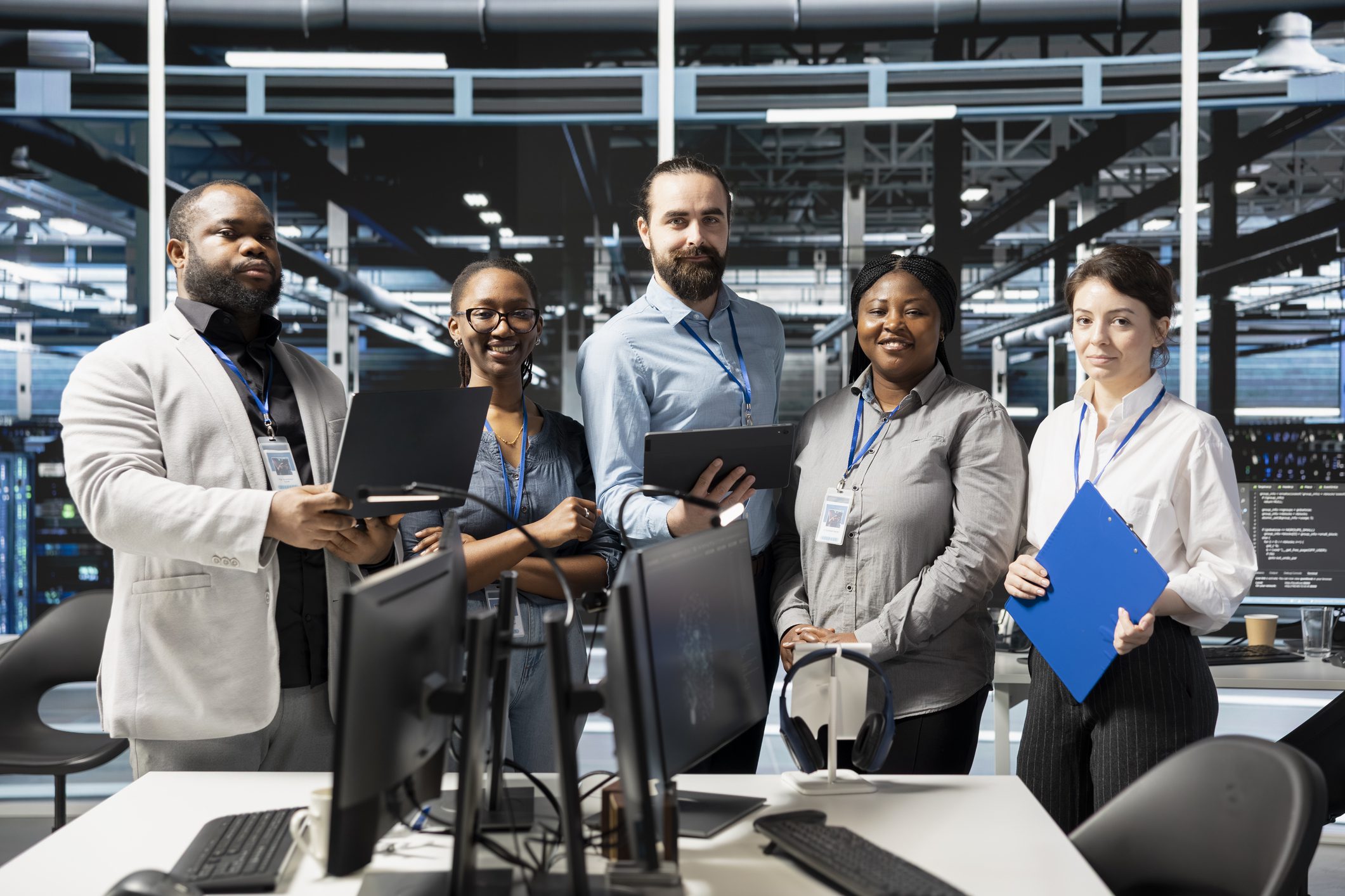 Diverse group collaborating in tech environment