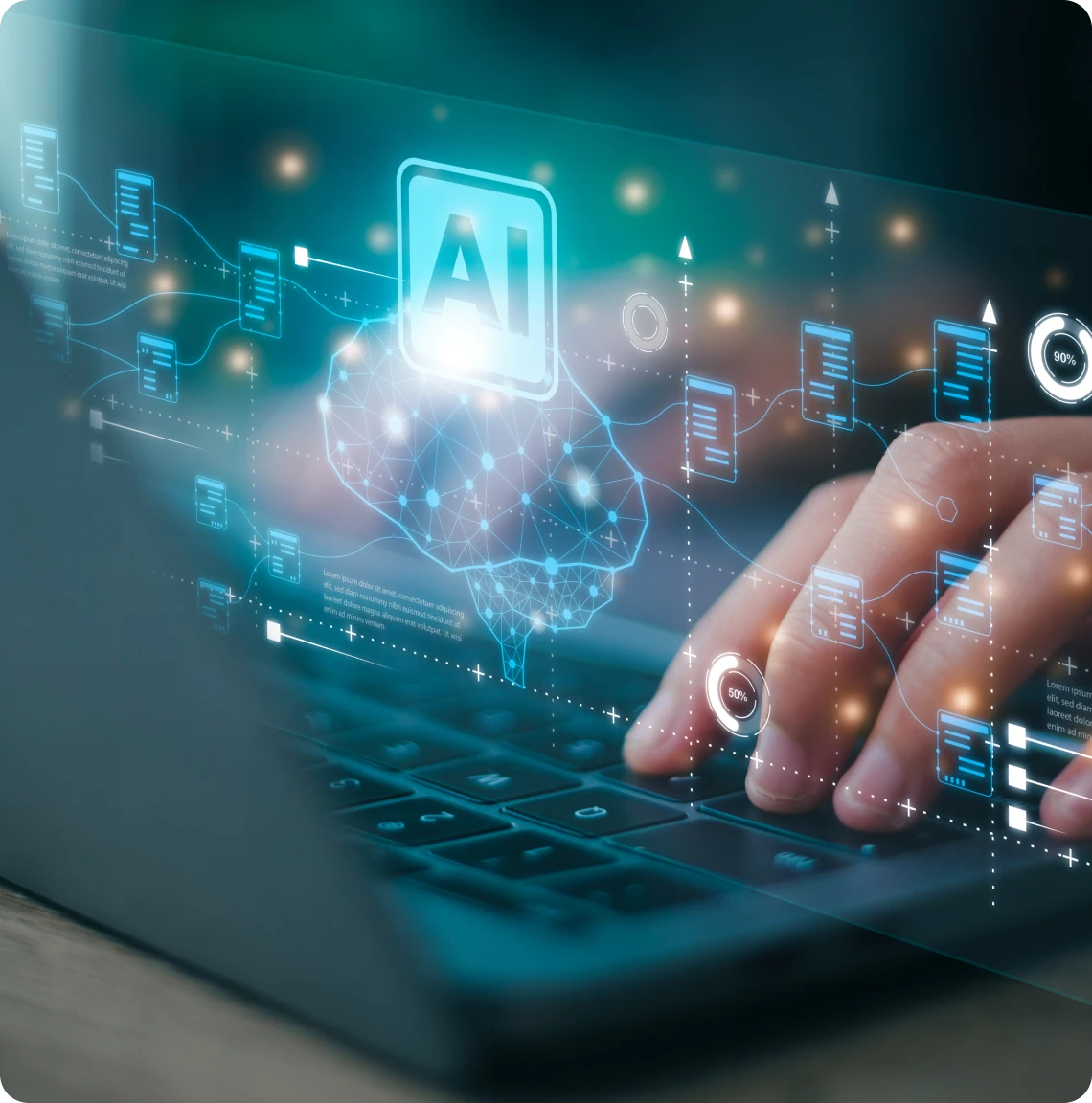 Hands typing with AI hologram