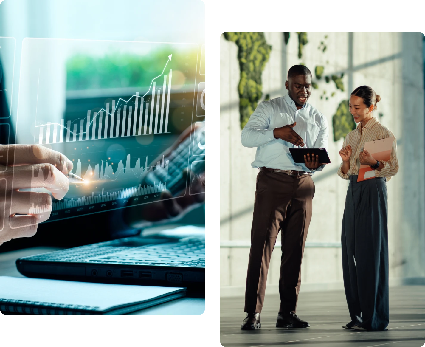 Professionals discussing digital graphs